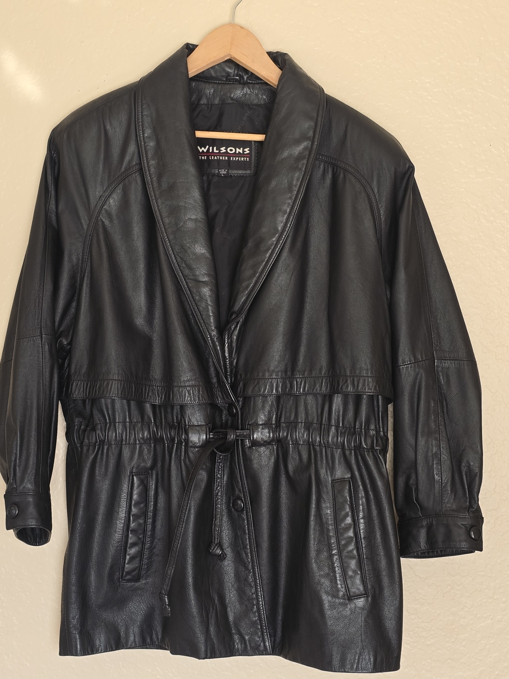 Vintage Wilson Black Leather Drawstring Jacket Womens Size Large